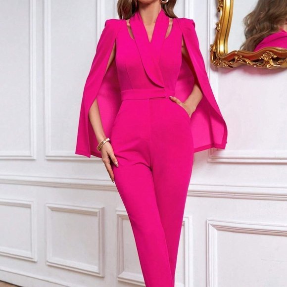 Pink Boho Womens Solid Cloak Sleeve Jumpsuit - Picture 5 of 5